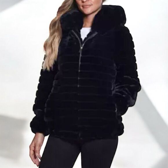 Gallery Women's Hooded Grooved Faux-Fur Jacket Black Size L - Picture 3 of 10